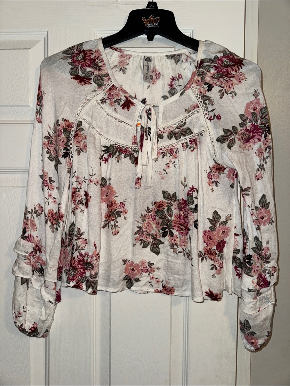 American Rag White Blouse with Pink Floral Print and Lace Trim
